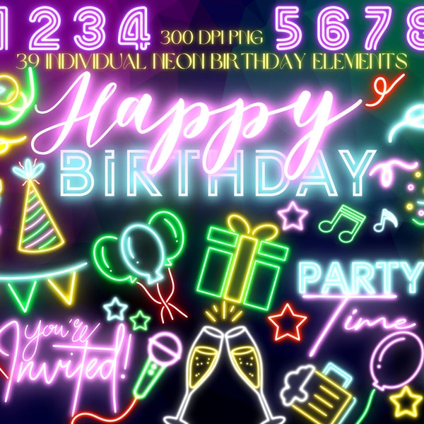 Neon Birthday Clipart Bundle | Happy Birthday Digital Download | Party Invitation Design Elements | Balloon Numbers Music Beer Cocktail Cake