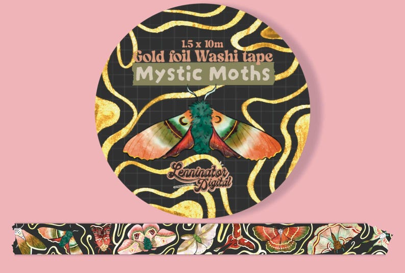 Mystic Moth Gold Foil Washi Tape: Magical Butterfly Decorative Tape for Journaling, Planners & Scrapbooking