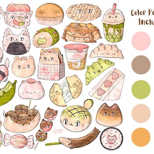 May include: A collection of cute cartoon illustrations featuring cats and Japanese food. The illustrations are in a watercolor style and include items like sushi, ramen, mochi, and boba tea. The color palette is included in the image.