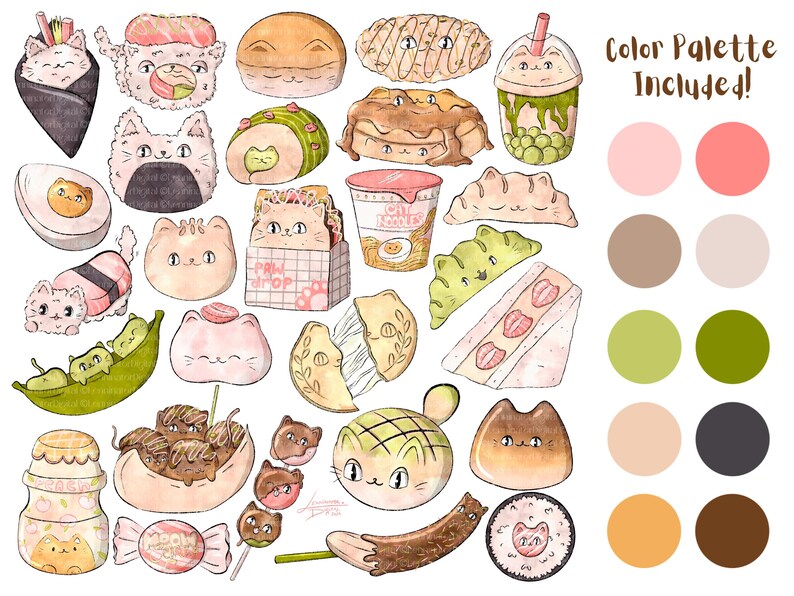 May include: A collection of cute cartoon illustrations featuring cats and Japanese food. The illustrations are in a watercolor style and include items like sushi, ramen, mochi, and boba tea. The color palette is included in the image.