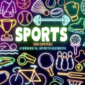 Neon Sports Clipart - Glowing Digital PNG Athlete Graphics - Soccer Football Tennis Darts Golf Badminton Bowling Boxing Swimming Basketball