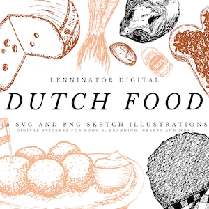 Typical Dutch Food Clipart Bundle, Hand Drawn PNG & SVG Holland Food Illustration, Netherlands Stroopwafel Bitterbal Pepernoot Kaas Stamppot