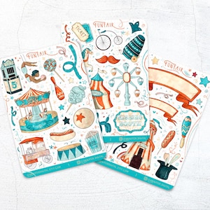 Funfair Sticker Sheets - Cute hand made Circus scrapbook stickers, Bullet journal, Birthday party, Vintage Carnaval Carousel, Festival Food