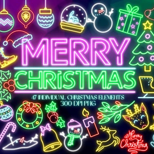 Neon Christmas Clipart Bundle, Hand Drawn Glowing Winter Holiday Doodles, Instant Digital Download 300 DPI PNG, Retro Christmas Graphics