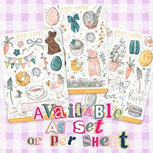 May include: Three rectangular sticker sheets featuring hand-drawn Easter illustrations including bunnies, chicks, eggs, carrots, flowers, and tea cups. Each sheet displays the text HAPPY EASTER at the top. The text AVAILABLE AS SET OR PER SHEET is overlaid.