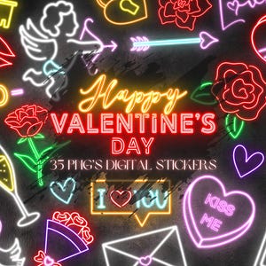Neon Valentine's Day Clipart – Glowing Hearts PNG Set (Digital Download)