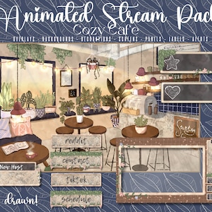 May include: Animated stream pack with a cozy cafe theme. The pack includes overlays, backgrounds, decorations, screens, panels, labels, and alerts. The image shows a hand-drawn illustration of a cafe interior with a couch, tables, chairs, plants, and a chalkboard.