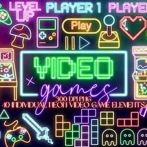 Paquete de imágenes prediseñadas de videojuegos de neón / Descarga digital de juegos retro / Videojuegos de los noventa / Iconos de píxeles / Consola de joystick arcade para jugar al pinball