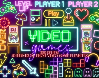 Neon Video Game Clipart Bundle | Retro Games Digital Download | Nineties video games | Pixel Icons | Arcade Joystick Console Play Pinball