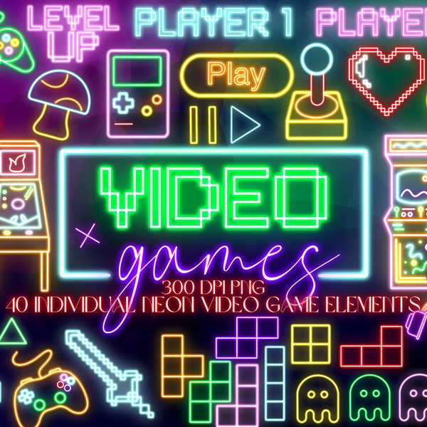 Neon Video Game Clipart Bundle | Retro Games Digital Download | Nineties video games | Pixel Icons | Arcade Joystick Console Play Pinball