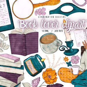 Clipart amante de los libros de acuarela - Libros vintage PNG dibujados a mano - Acogedoras ilustraciones de lectura de biblioteca - Pegatinas del planificador digital - Vela de flores