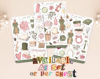 Spa day Sticker Sheets - Hand made Wellness stickers for scrapbooks, Bullet journals and Self Care Planners
