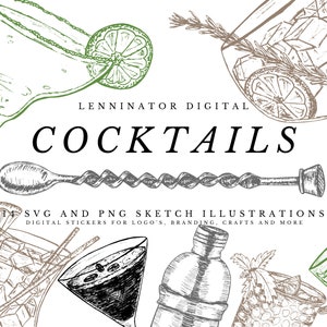 Cocktail Clipart Bundle | Hand Drawn PNG SVG Bar Illustration | Black & White | Shaker Mojito Martini Gin Margarita Cosmopolitan Moscow Mule