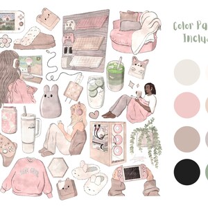 May include: A digital illustration featuring a collection of cute and cosy items in a pastel colour palette. The illustration includes a gaming setup, a comfy armchair, a cup of coffee, a plant, and a variety of other items. The text "Color Palette Included!" is written in the top right corner of the image.