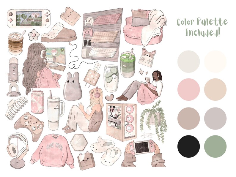 May include: A digital illustration featuring a collection of cute and cosy items in a pastel colour palette. The illustration includes a gaming setup, a comfy armchair, a cup of coffee, a plant, and a variety of other items. The text "Color Palette Included!" is written in the top right corner of the image.