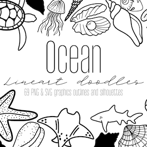 May include: Black and white line art illustrations of ocean life, including a starfish, a turtle, a jellyfish, a seashell, a crab, and a shark. The text "Ocean line art doodles" is written below the illustrations.