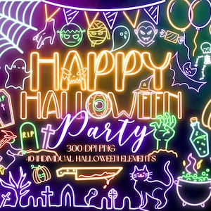 Neon Halloween Party Clipart Set, Glowing Digital Spooky Season Graphics, Scary Cute Monster Pumpkin Candy Graveyard Icon Illustrations