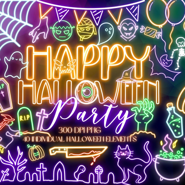 Neon Halloween Party Clipart Set, Glowing Digital Spooky Season Graphics, Scary Cute Monster Pumpkin Candy Graveyard Icon Illustrations