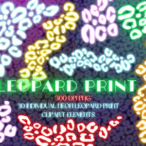 Neon Leopard Print Sticker Clipart - Glowing Bold Cheetah Design in Multiple Colors - Seamless Pattern - Glamorous Safari - Digital Download