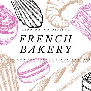 French Bakery Sketch Clipart - Hand Drawn PNG SVG Pastry Cake Bread Lineart Illustration Sticker - Digital Download - Chalkboard Black White
