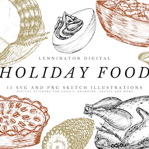 Könnte beinhalten: Ein Set mit 15 handgezeichneten Illustrationen von festlichen Lebensmitteln, darunter ein Truthahn, Pecan Pie, eine Schüssel mit Preiselbeeren, ein Brotlaib und ein Füllhorn. Die Illustrationen sind in Schwarzweiß gehalten und haben einen Vintage-Stil.
