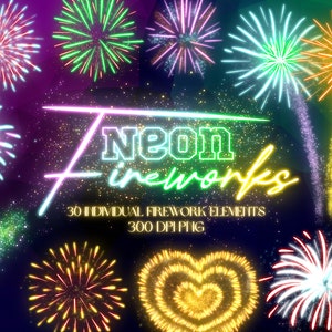 Neon Fireworks Clipart Bundle, Glowing PNG Digital Stickers Illustrations for New Years, 4th of July, Carnival, Festival Party Invitations