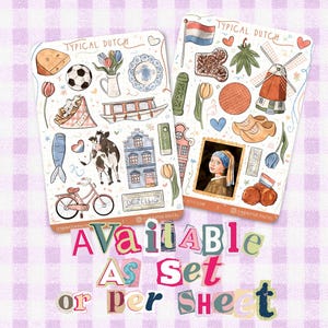 Op de afbeelding: Twee stickervellen met aquarelillustraties van Nederlandse iconen, waaronder een windmolen, tulpen, een koe, een fiets, een grachtenboot, klompen en het Meisje met de parel. De tekst Typical Dutch en Gezellig staat op de vellen afgebeeld.