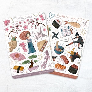 Fogli di adesivi giapponesi - Adesivi carini fatti a mano per album di viaggio giapponesi, Bullet Journal, Travel Planner, Sushi Sakura Bonzai Ramen Culture