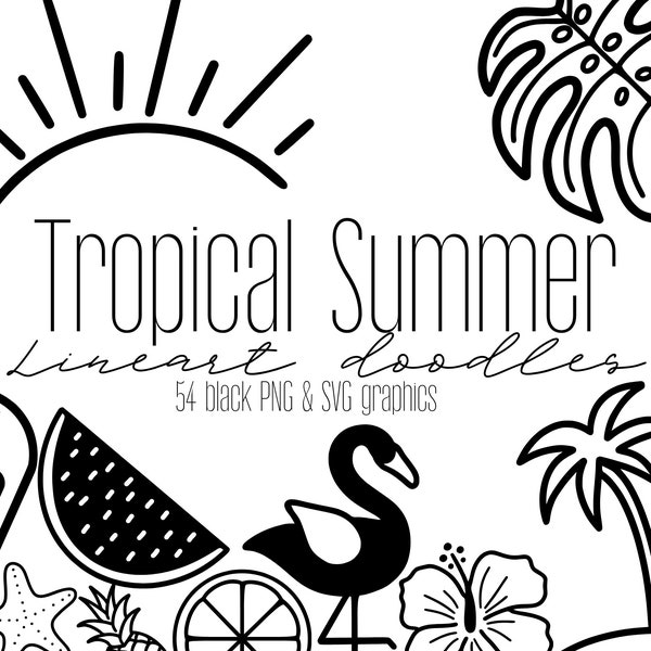 Tropical Summer Doodle SVG PNG Clipart Bundle, Simple Black Beach Holiday Outline Illustrations, Digital Planner Doodles, Printable Cut File