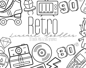 Peut inclure: Illustrations en noir et blanc de style ligne art d'objets rétro des années 80 et 90, notamment un patin à roulettes, une télévision, une cassette audio, un diamant, un troll, un boombox, une cartouche de jeu vidéo, un talkie-walkie, un téléphone portable, un disque vinyle, un appareil photo et un Tamagotchi. Le texte "Retro line art doodles" et "33 black PNG & SVG graphics" est également inclus.