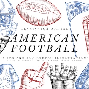 Hand Drawn American Football Sketch Clipart Set - Digital Sports Game Day Lineart Illustrations - Printable Fan Equipment Stickers