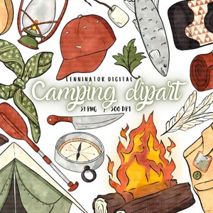 Aquarell Camping Clipart - Handgezeichnete digitale PNG Sommer Camp Aufkleber Illustrationen - Wildes Outdoor Abenteuer - Nature Scouting Survival