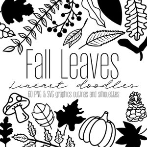 Feuille d'automne Doodles SVG PNG Clipart, Simple feuilles d'automne lineart silhouette Illustrations, Pinecone Acorn Pumpkin Mushroom Digital Stickers