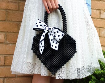 Black Heart Beaded Bag - Small Handbag with Decorative White Polka Dots Scarf for Phone - Handmade with Black Beads - Free Dust Bag