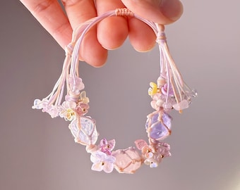 Quartzberry - Pulseira de macramê de quartzo rosa e quartzo ametista com chakra cardíaco