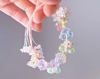 Quartzberry - Pulseira de macramê com flores de borboleta e ametista, chakra da garganta e da coroa, água-marinha