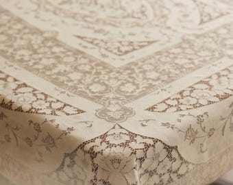 Vintage Quaker Lace Tablecloth 93x74 Ivory Floral Medallion Lace Rectangular Elegant Cottage Victorian