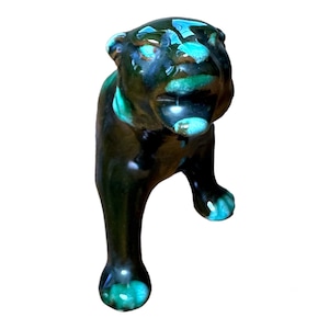 Vintage Black Panther Dripped in Teal Blue Glaze Fine Porcelain