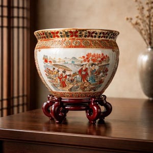 Porseleinen Chinese plantenbak op houten standaard