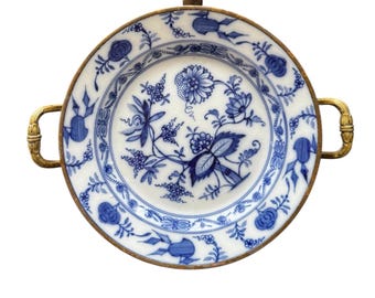 Antique Meissen Blue Onion Warming Plate, WMF Brass Accents, German Porcelain Collectors Plate