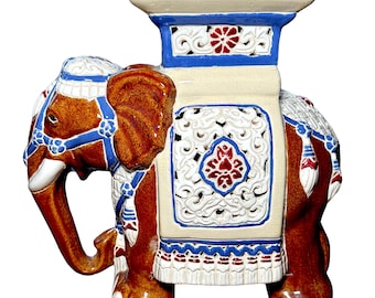 Stojak na rośliny w kształcie słonia, malowany ręcznie z porcelany w stylu vintage | Hollywood Regency