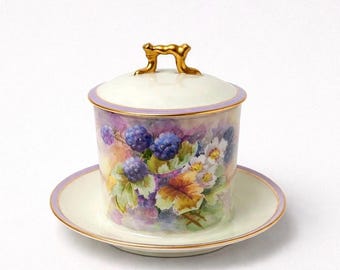 Antique Limoges Hand Painted Jam or Sauce Container | Plate Attached