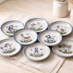 M.A. Hadley Dinnerware Set, Hand-Painted Folk Art Dinner Plates x8