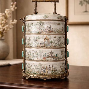 May include: A stacked, antique food carrier with four sections. The white porcelain sections feature hand-painted scenes of people in a garden setting. The carrier has a bamboo handle and is trimmed with gold-colored metal and turquoise accents.