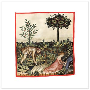 Peut inclure: Impression carrée avec une illustration médiévale représentant des personnages dans un jardin. L'œuvre montre un homme travaillant avec un outil, une femme en robe rose et un arbre avec des baies rouges. L'impression a une bordure rouge.
