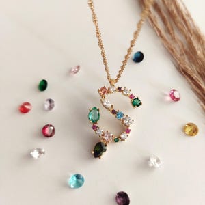 Custom Initial Necklace: Sterling Silver Letter Pendant with Birthstone