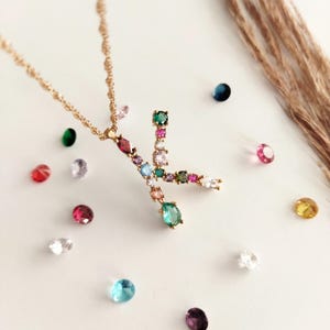 Gemstone Initial Necklace: Sterling Silver Letter Pendant, Custom Birthstone