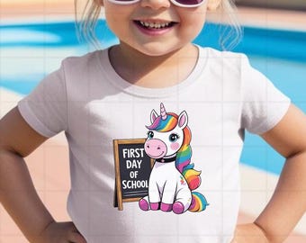 Eerste schooldag eenhoorn png, schattige meisjesachtige back to school-sublimatie, terug naar school eenhoorn shirtontwerp, meisjesachtige eerste schooldag png