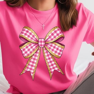 Pink Gingham Coquette Bow PNG | Feminine Pink Gingham Bow with Gold Border | Easter and Spring Vibes Bow for Sublimation