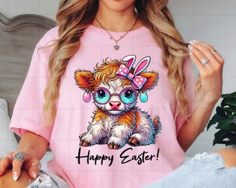 Retro Easter Highland Cow Bunny Ears Happy PNG Happy Easter Sublimation Design for Gifts | Cute Funny Highland Cow PNG | Spring Cow PNG